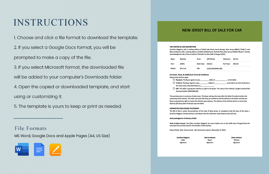New Jersey Bill of Sale For Car Template