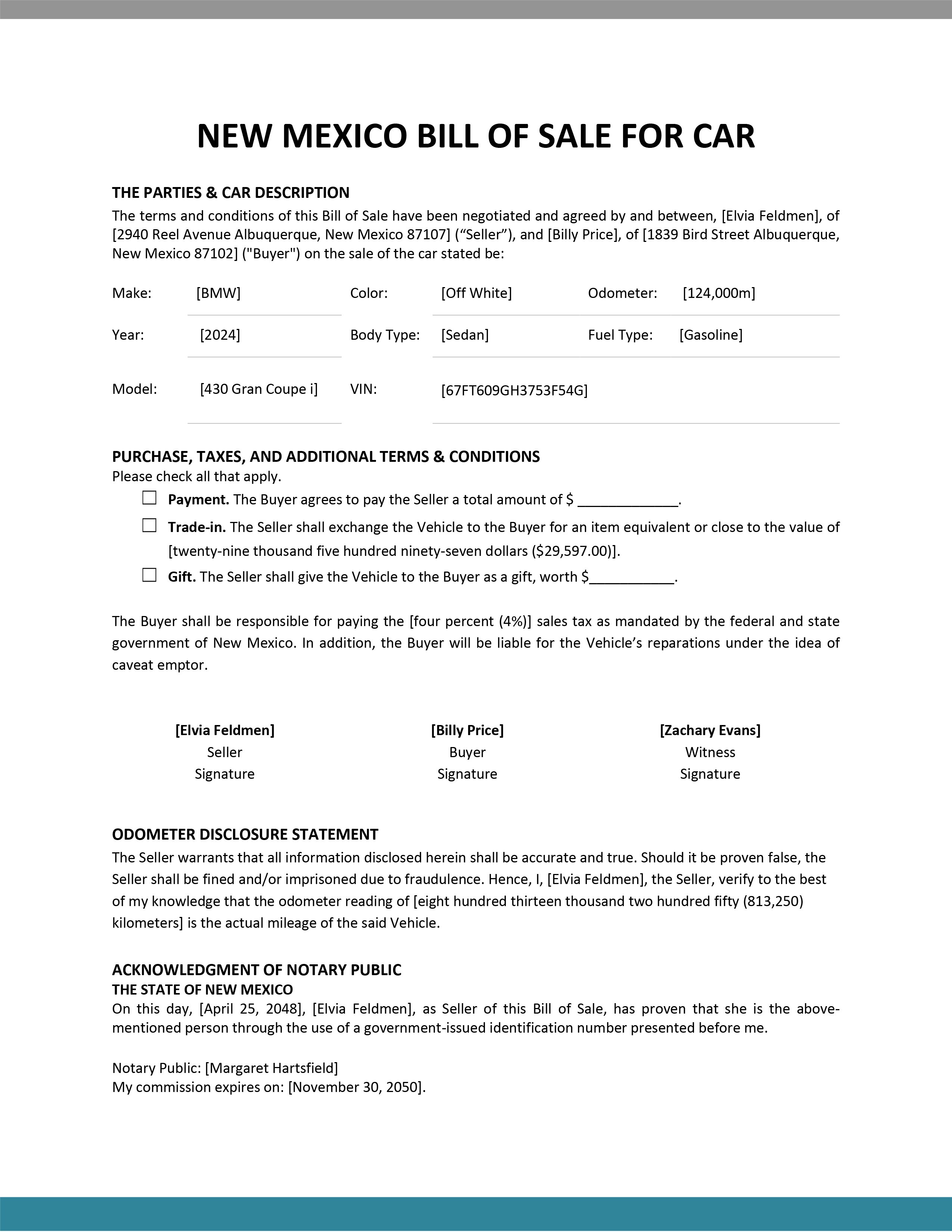 New Mexico bill of sale for car template