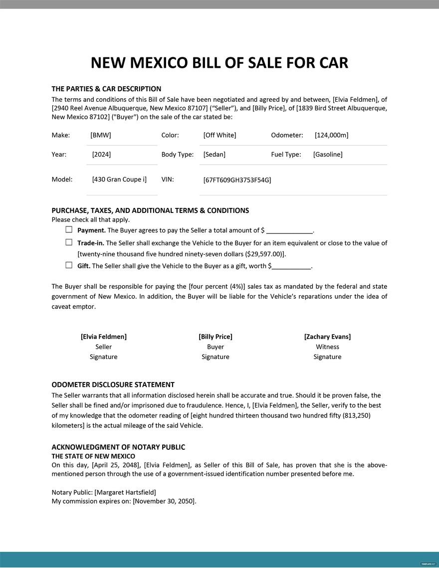 New Mexico Vehicle Bill Of Sale Printable 7798