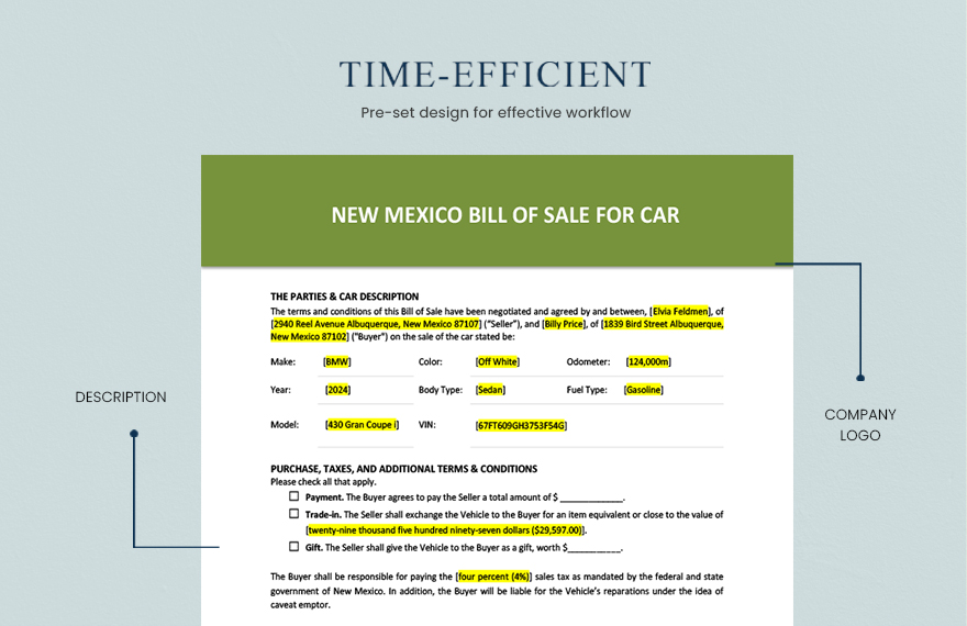New Mexico Bill of Sale For Car Template