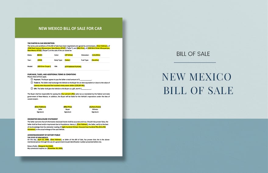 New Mexico Bill of Sale For Car Template