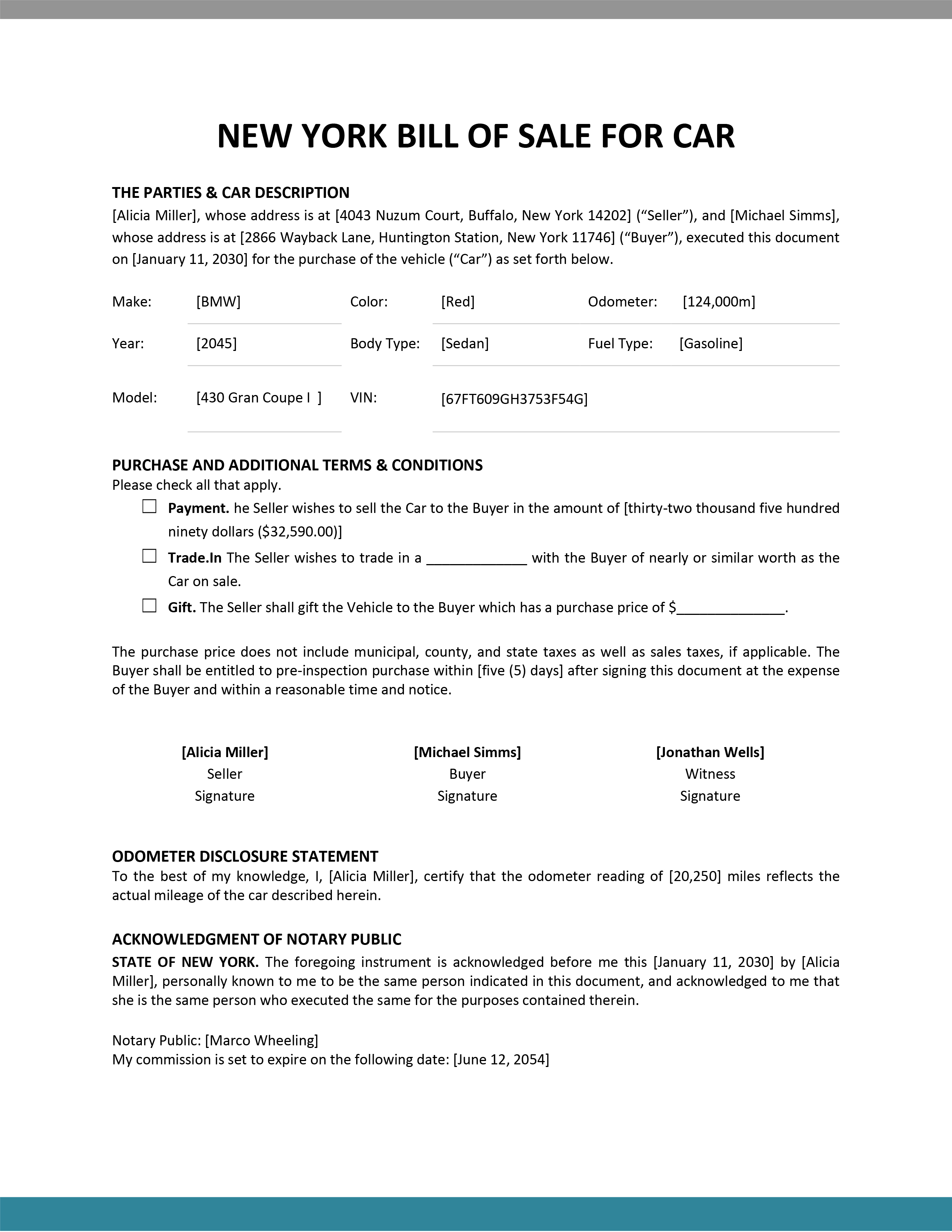 New York Bill of Sale For Car Template
