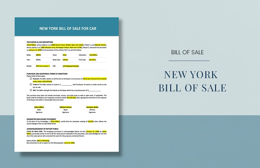 New York Bill of Sale For Car Template