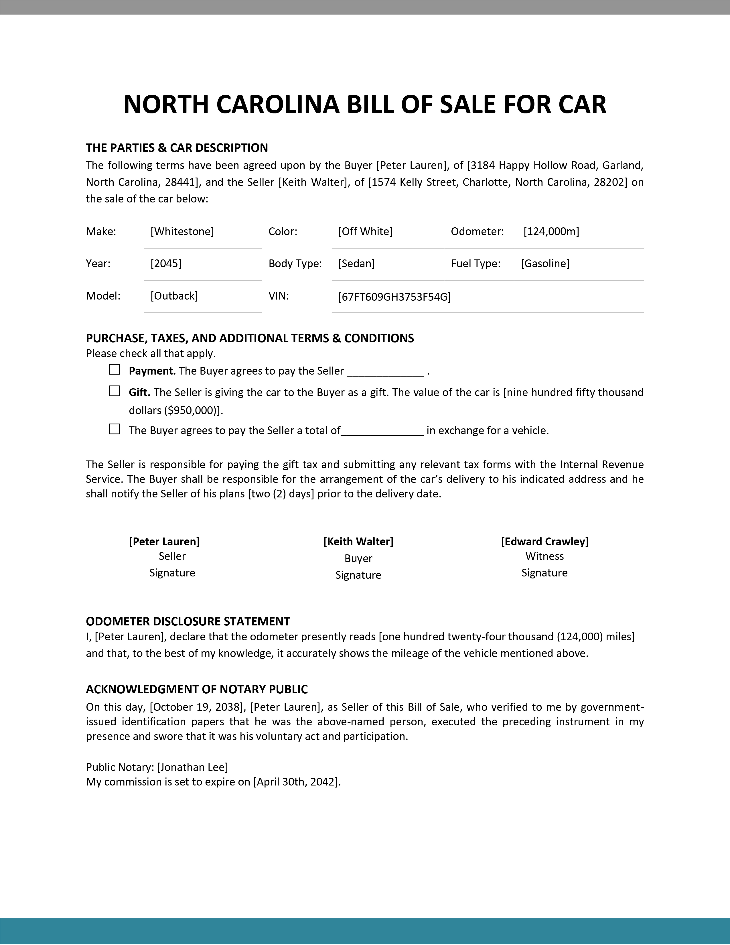 North Carolina bill of sale for car template