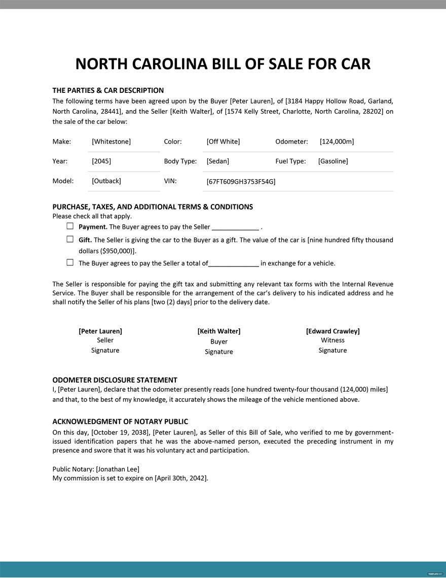 North Carolina Real Estate Bill Of Sale Template - Google Docs, Word ...