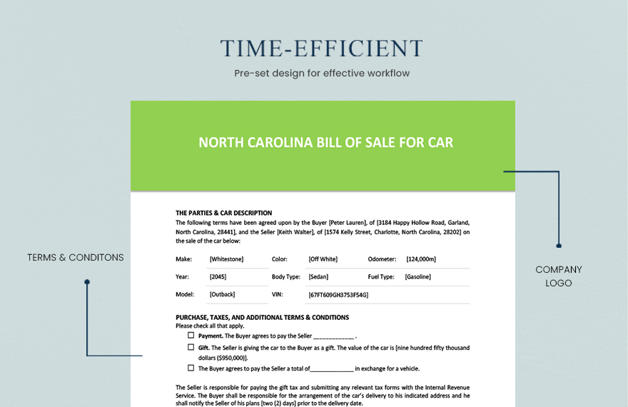 North Carolina Bill of Sale for Car Template