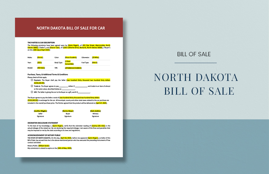 North Dakota Bill of Sale For Car Template in Word, Google Docs, PDF