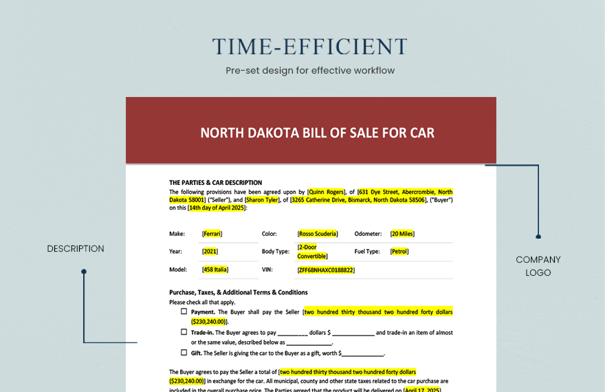 North Dakota Bill of Sale For Car Template