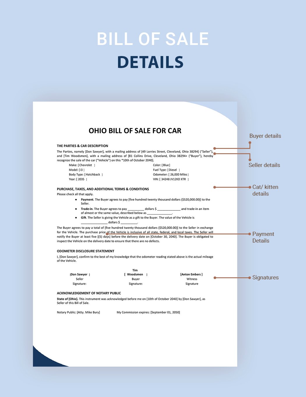 Ohio Bill of Sale For Car Template