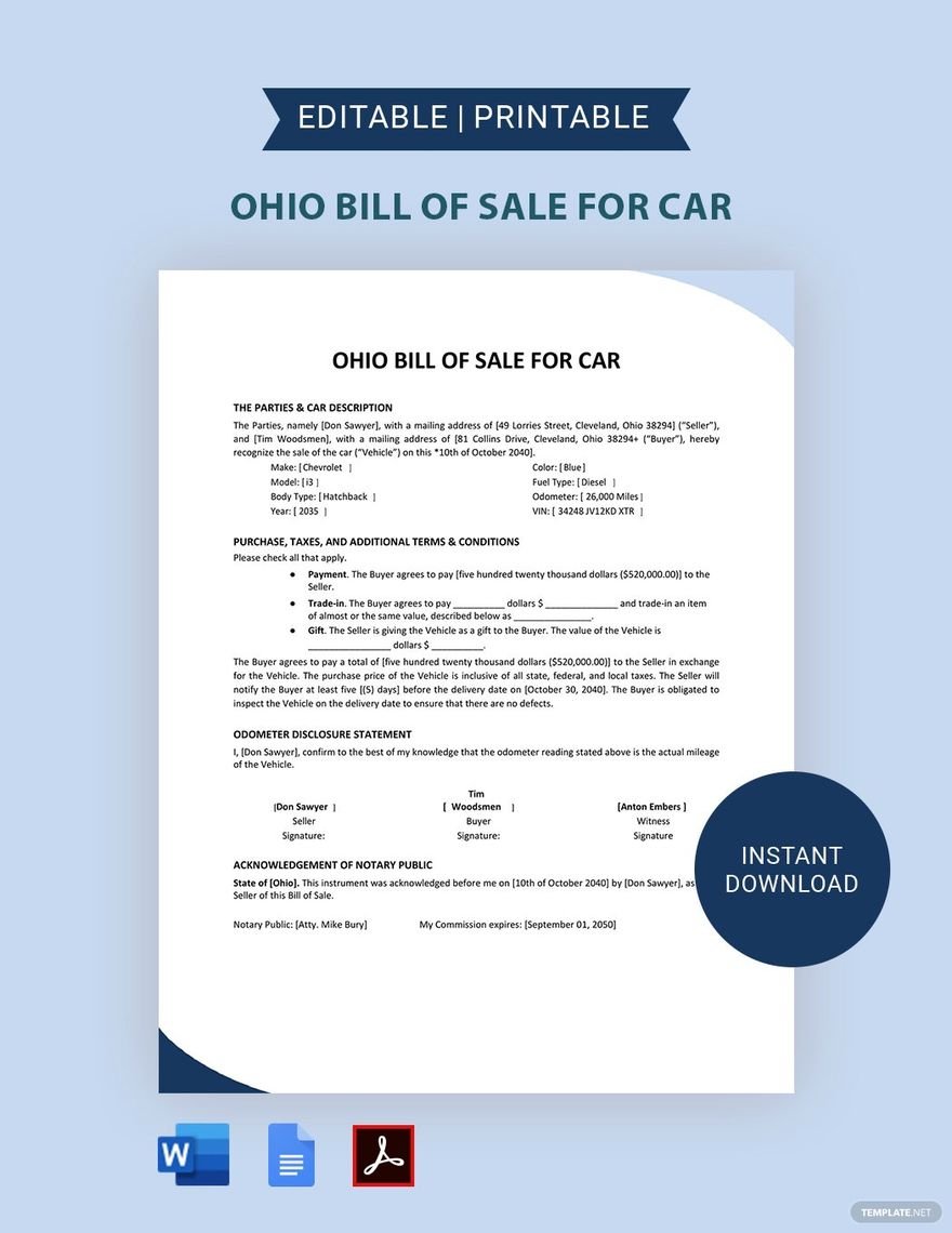 Ohio Bill of Sale For Car Template in Word, Google Docs, PDF