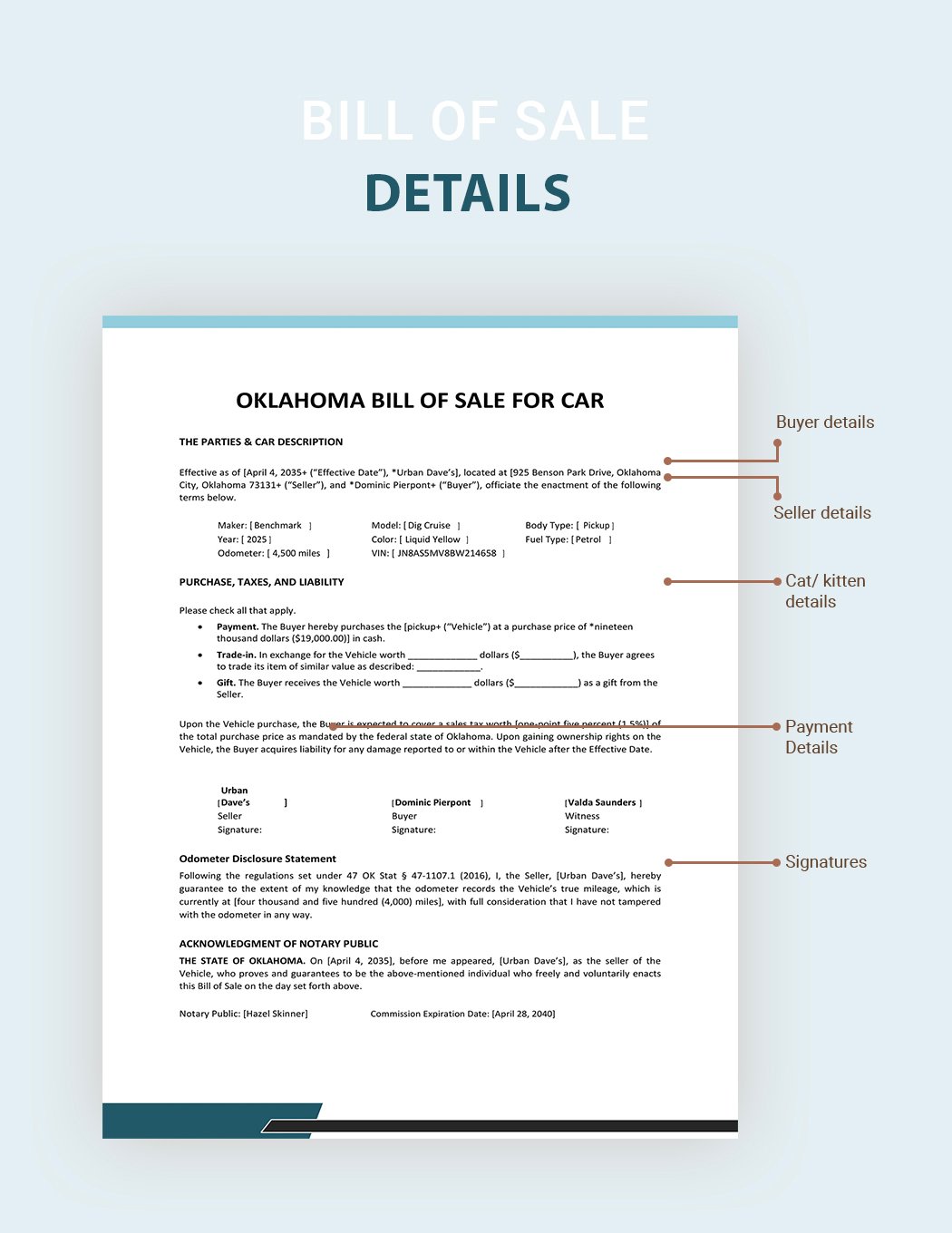 Oklahoma Bill of Sale For Car Template