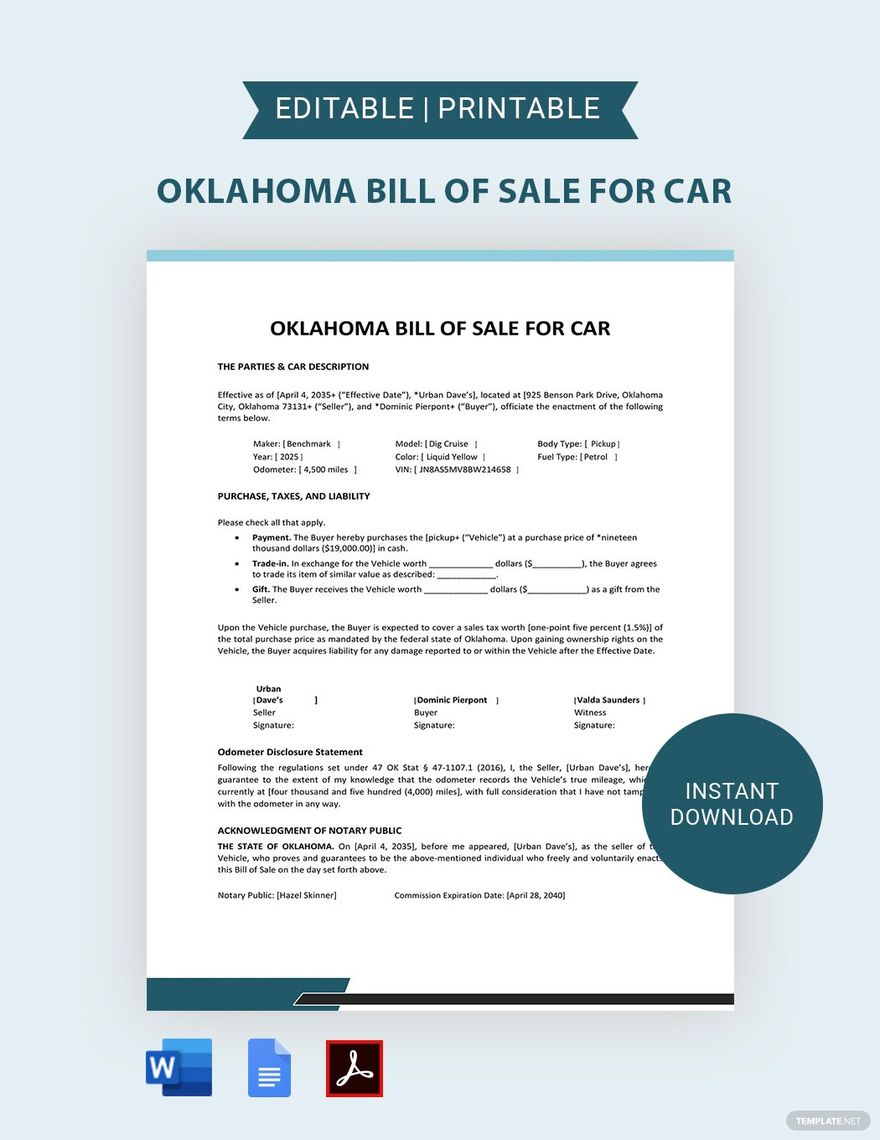 Free Oklahoma Bill Of Sale For Car Form Template Download In Word Google Docs PDF Template