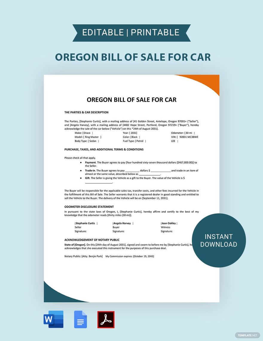 Oregon Bill of Sale for Car Template