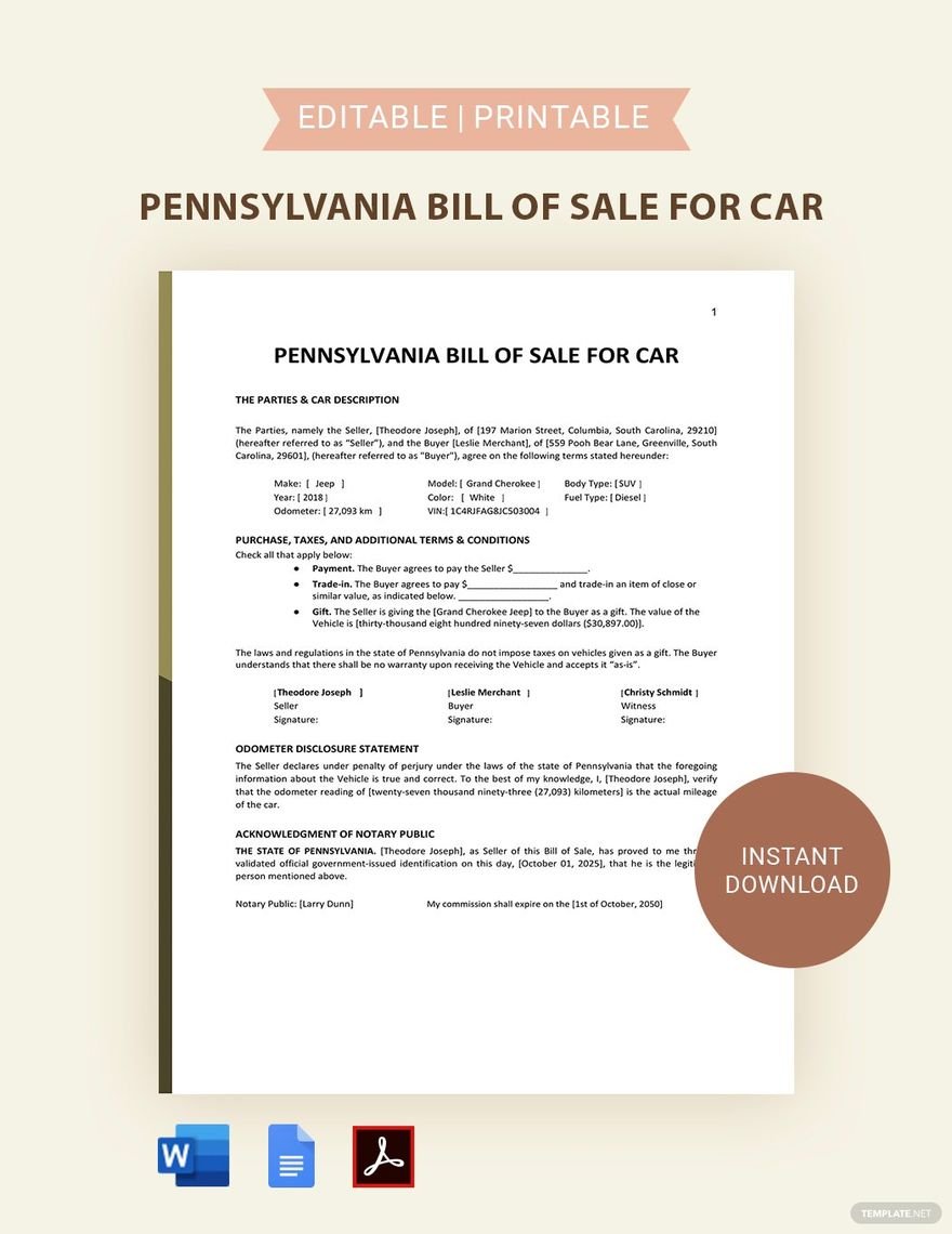Pennsylvania Bill of Sale for Car Template
