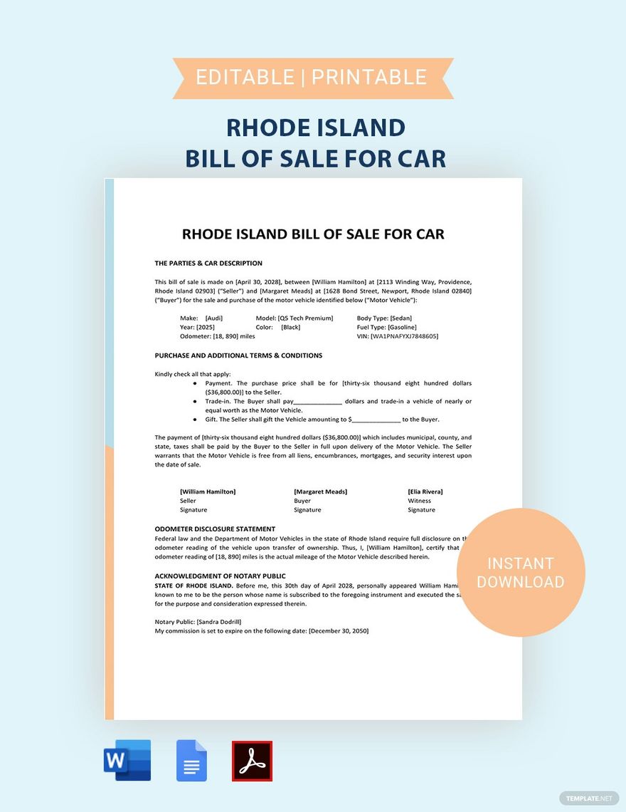Rhode Island Bill of Sale for Car FormTemplate