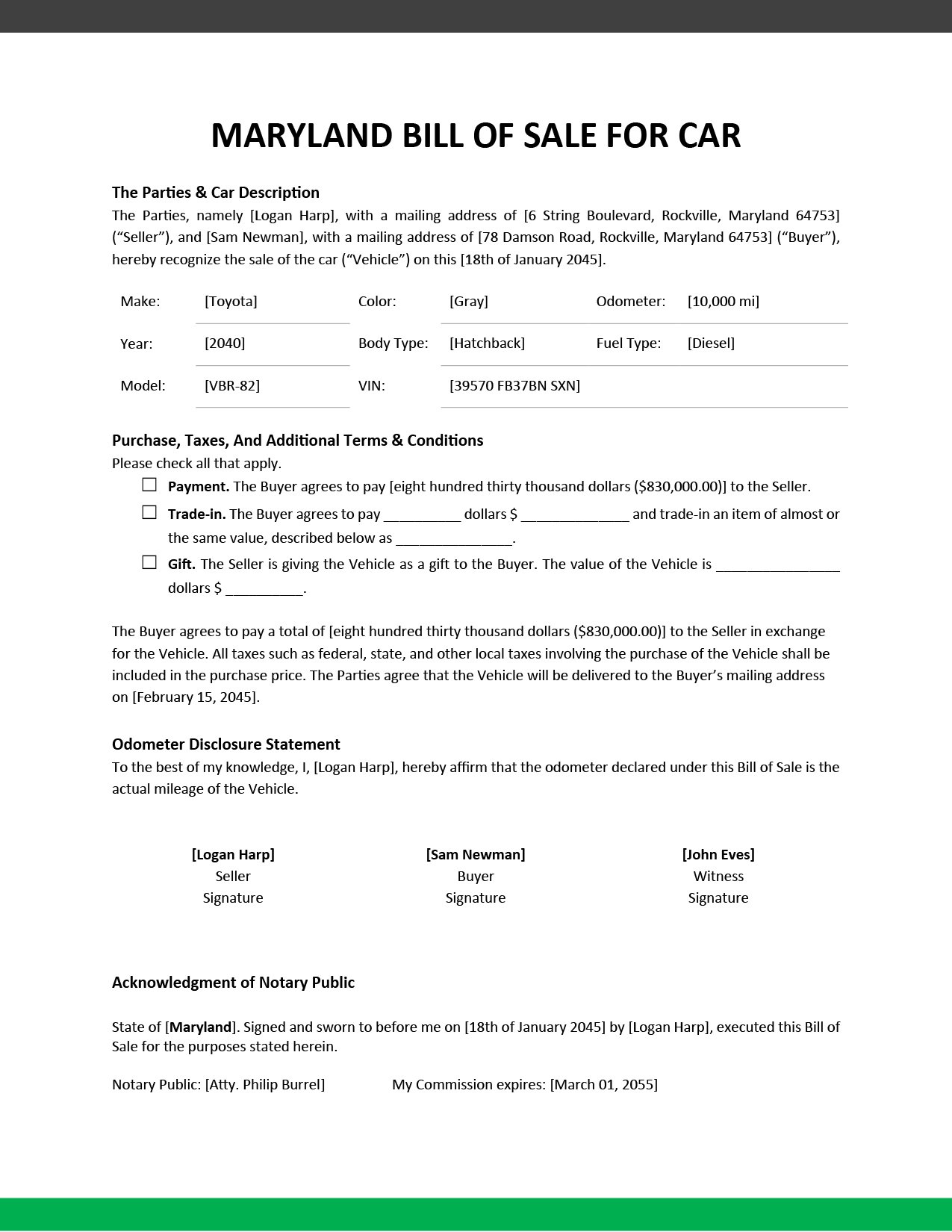Maryland Bill of Sale For Car Template
