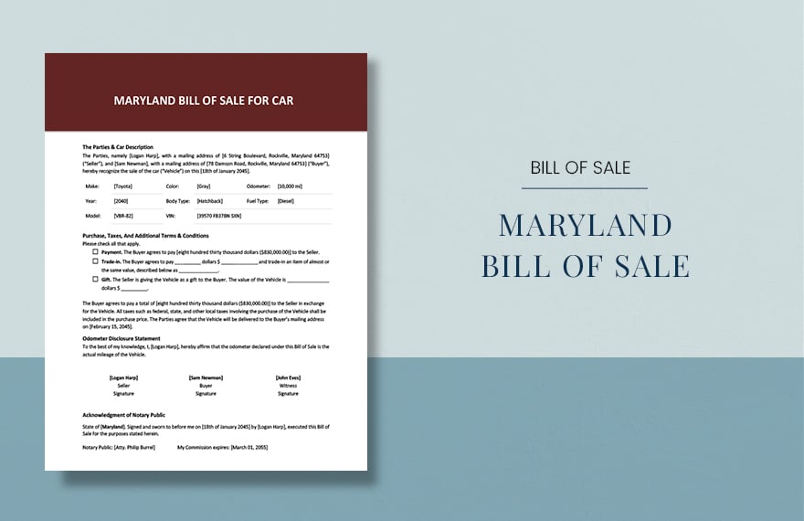 Maryland Bill of Sale For Car Template