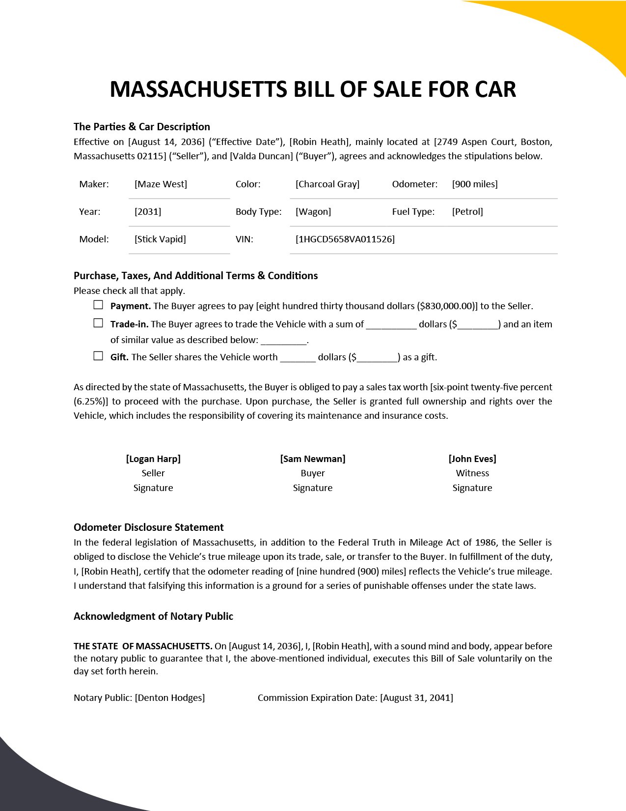 Massachusetts Bill of Sale For Car Template