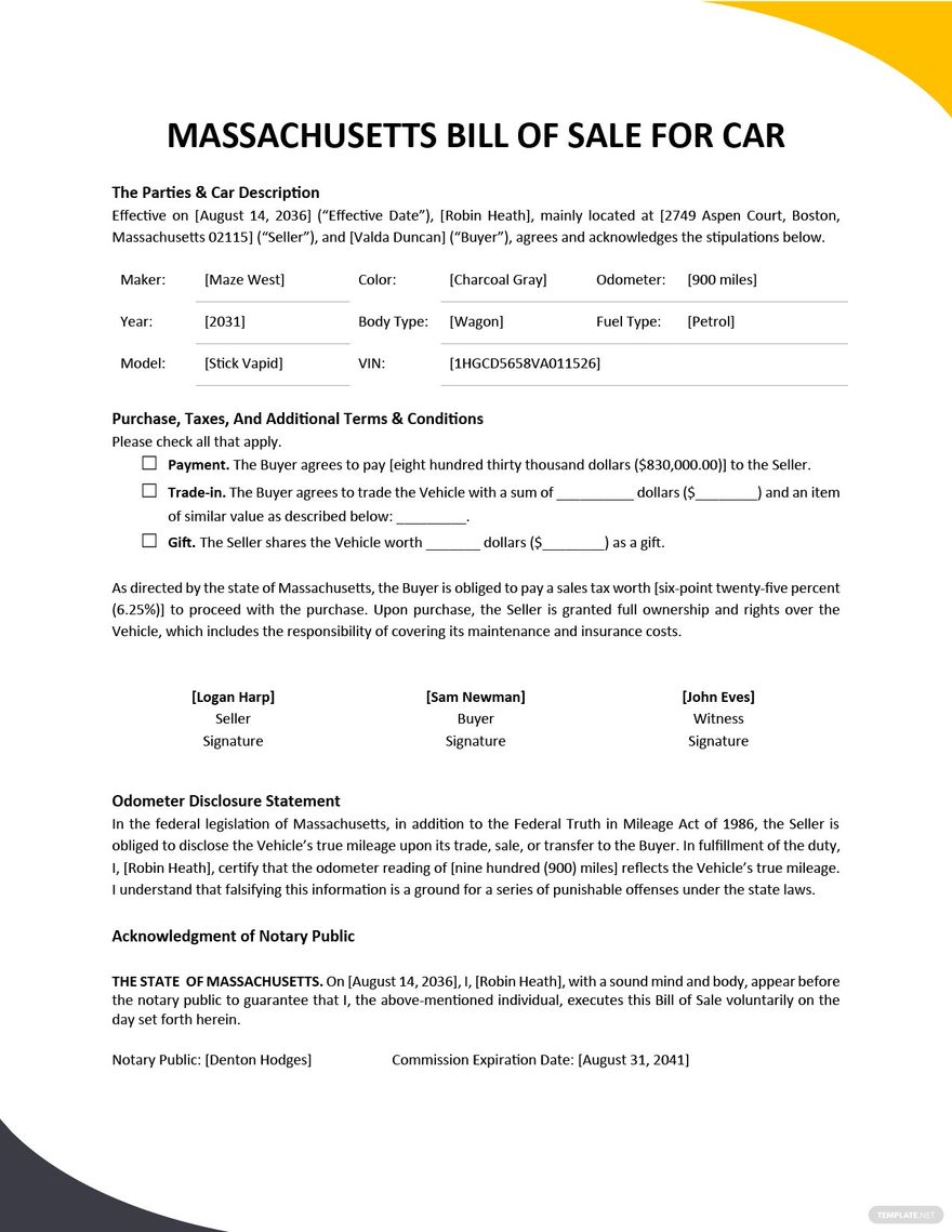 Massachusetts Bill Of Sale For Car Template Google Docs Word PDF 