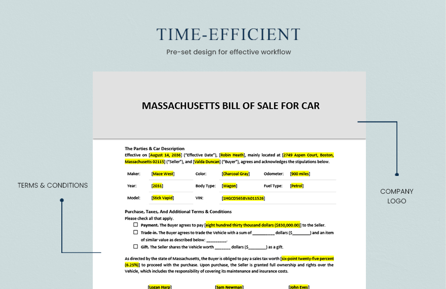 Massachusetts Bill of Sale For Car Template