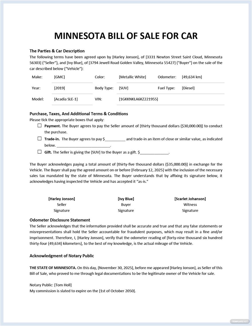 Minnesota Bill Of Sale For Car Template Google Docs Word PDF Template