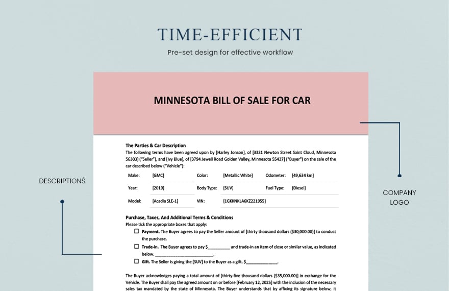 Minnesota Bill of Sale For Car Template