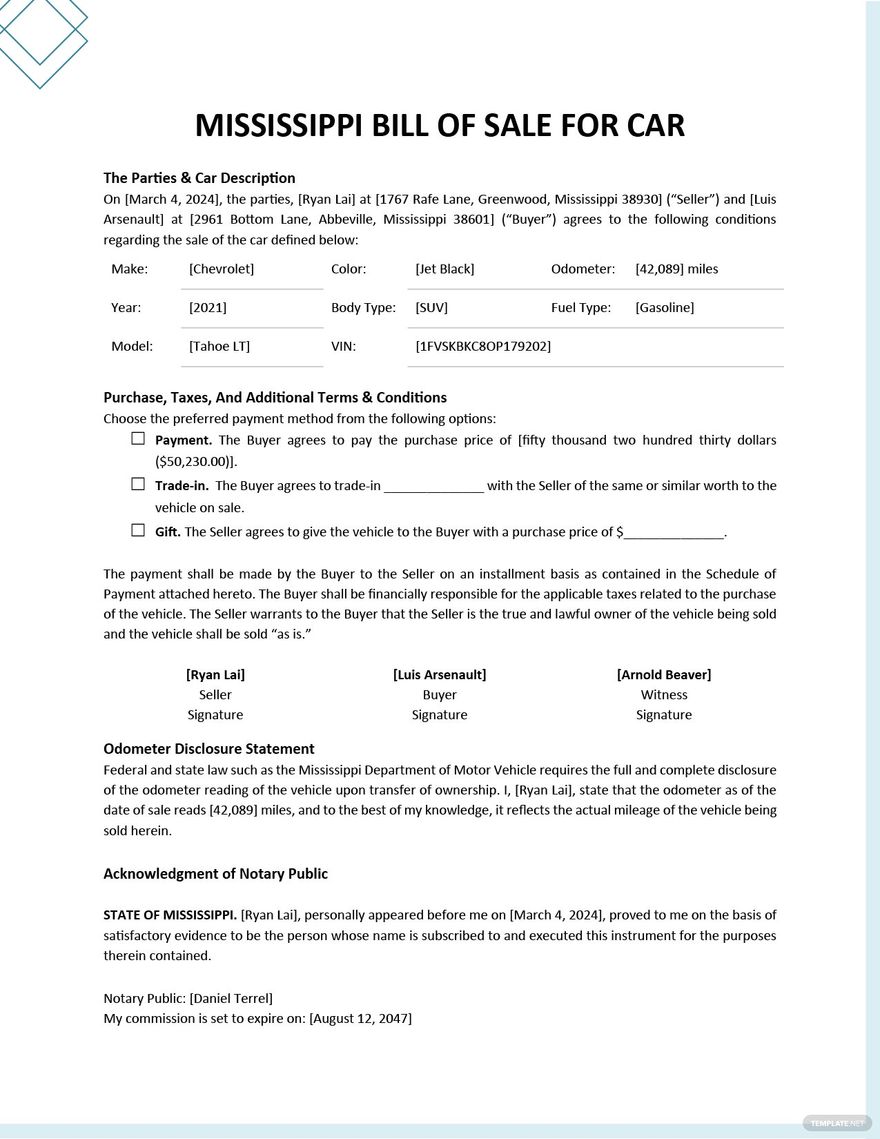 Mississippi Bill of Sale For Car Template