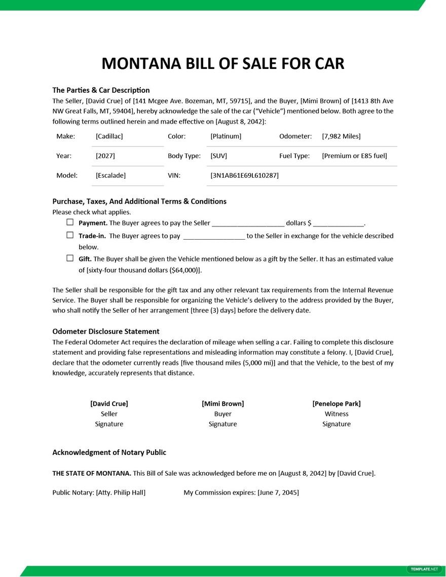 Montana Bill of Sale For Car Template