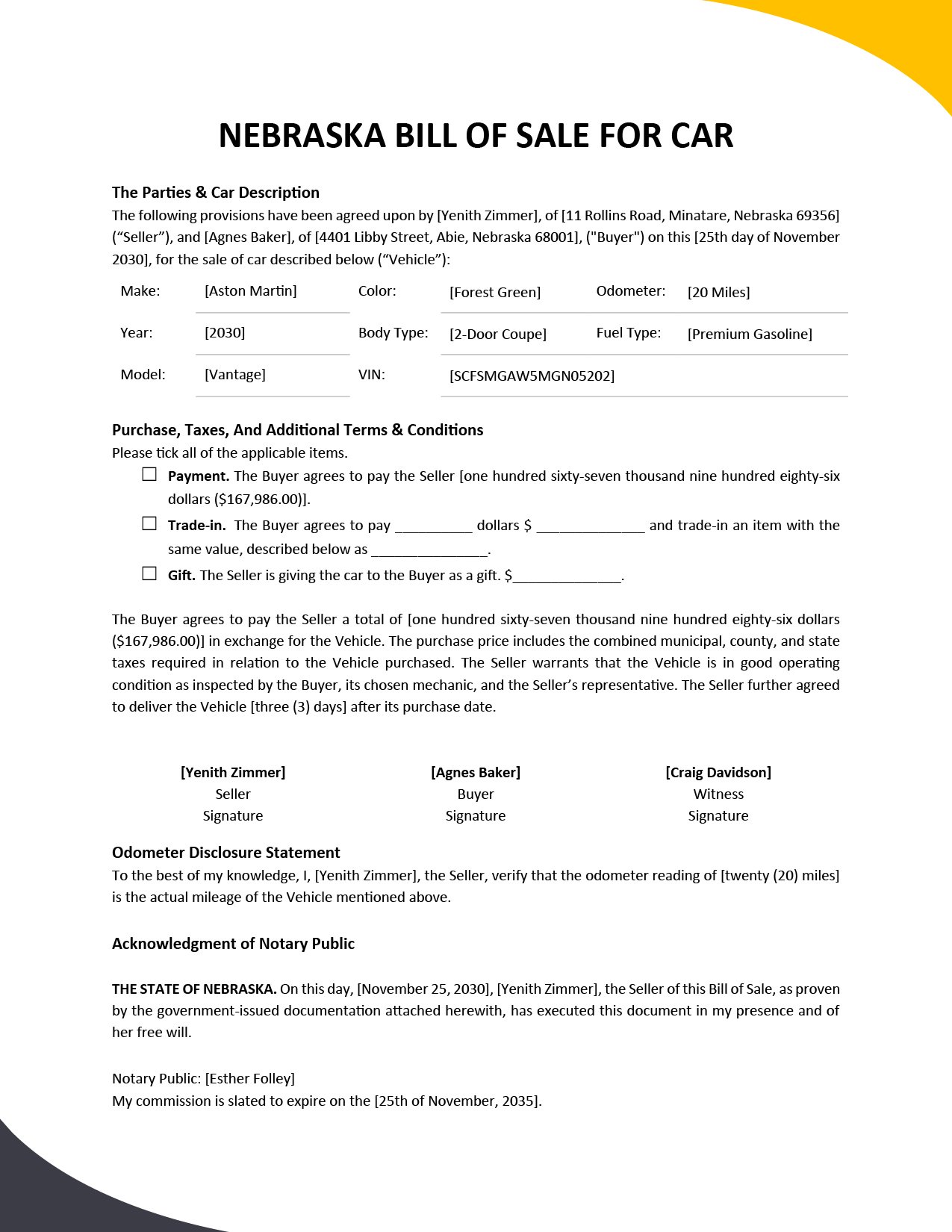 Free Nebraska Camper Bill of Sale Form Template Google Docs, Word