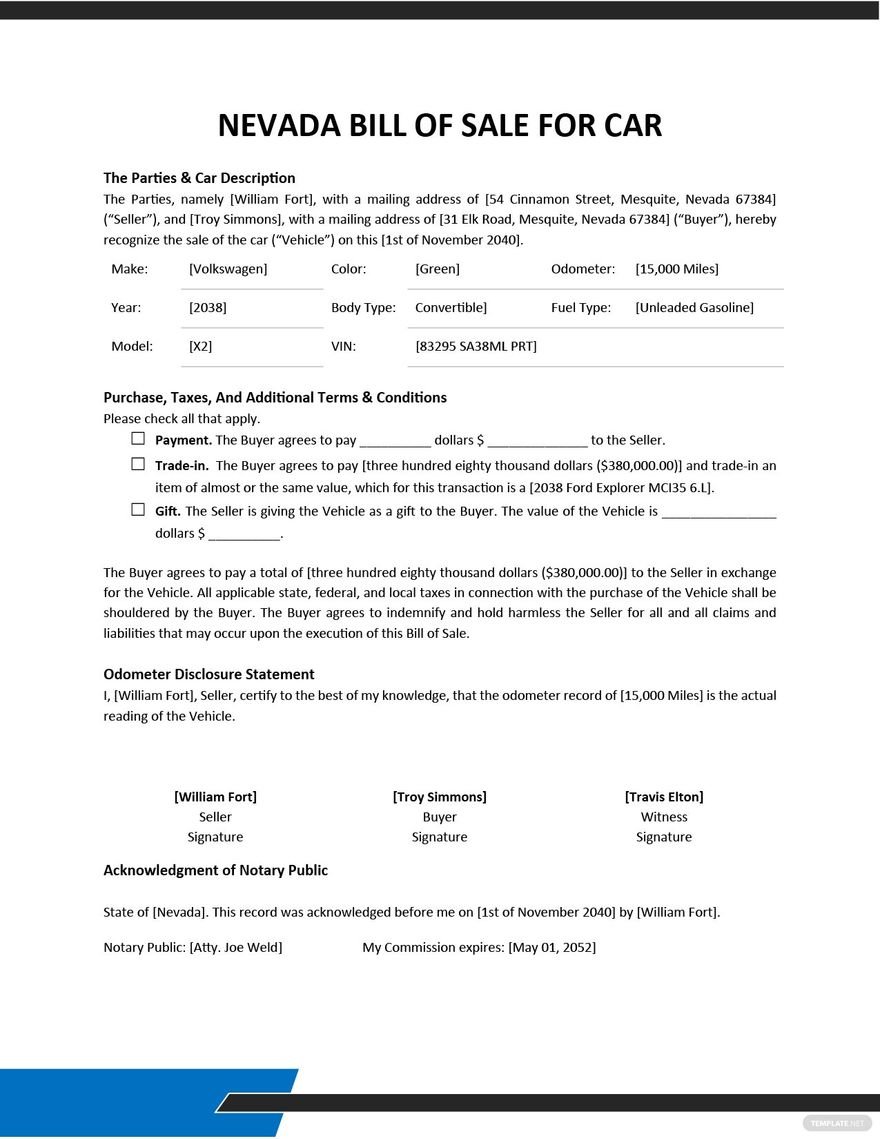 Nevada Bill of Sale For Car Template