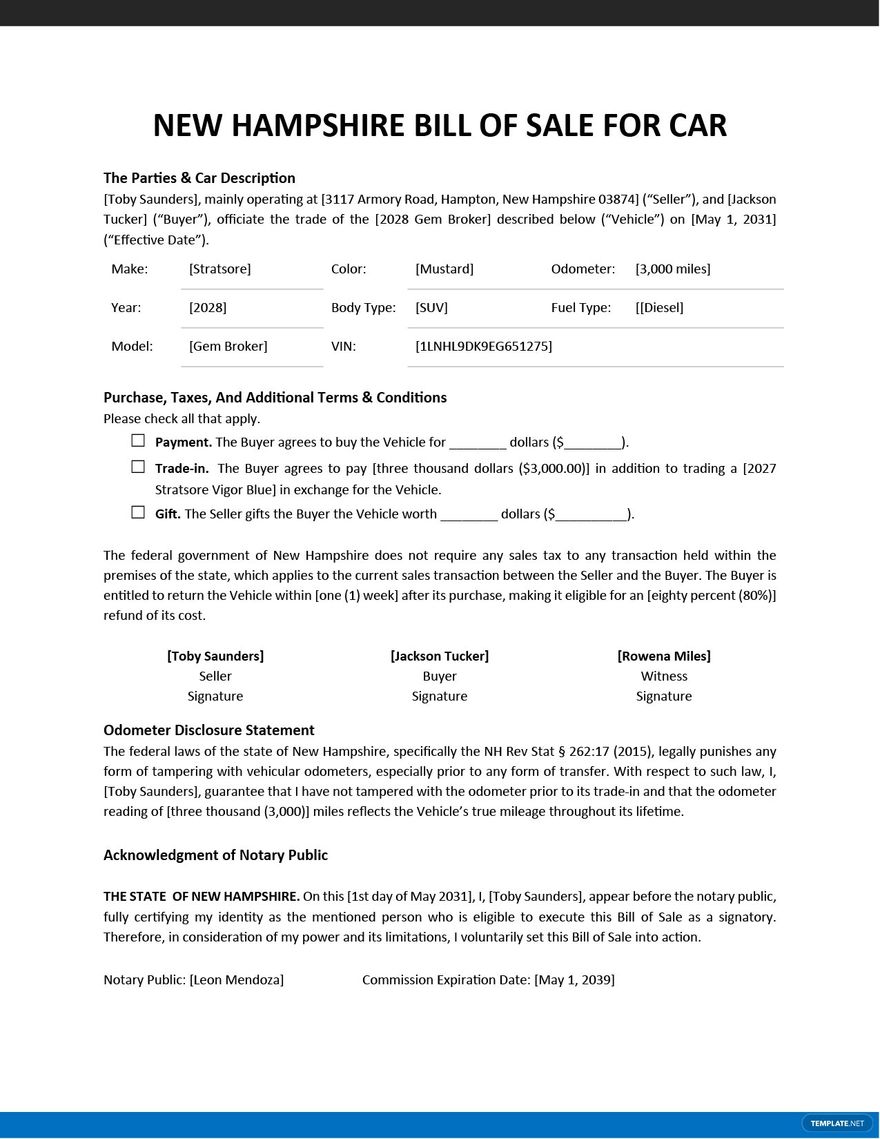 New Hampshire Bill of Sale For Car Template