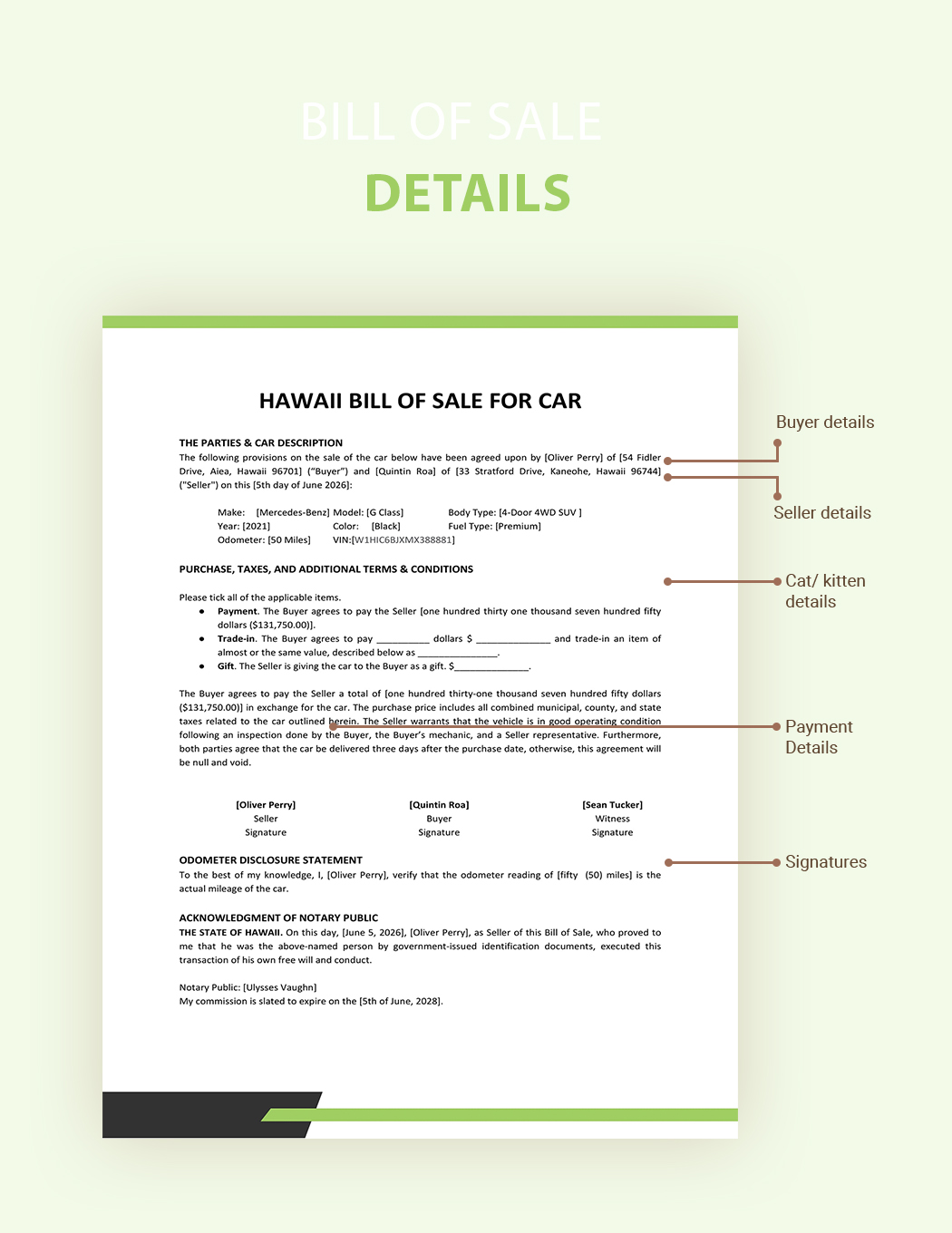 Hawaii Bill of Sale For Car Template