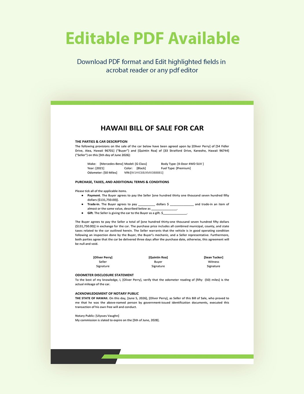 Hawaii Bill of Sale For Car Template in PDF Word Google Docs