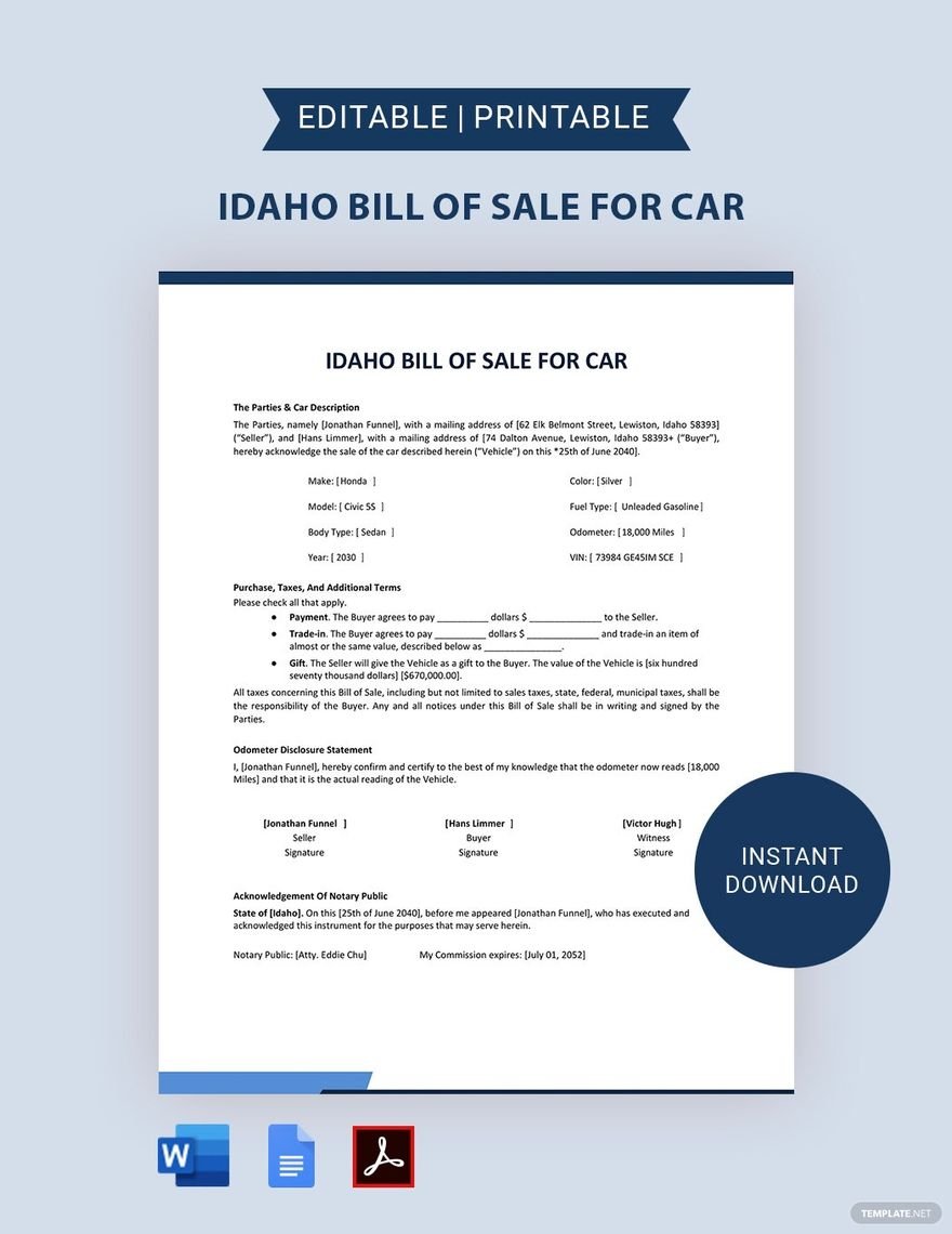 Idaho Bill of Sale For Car Template