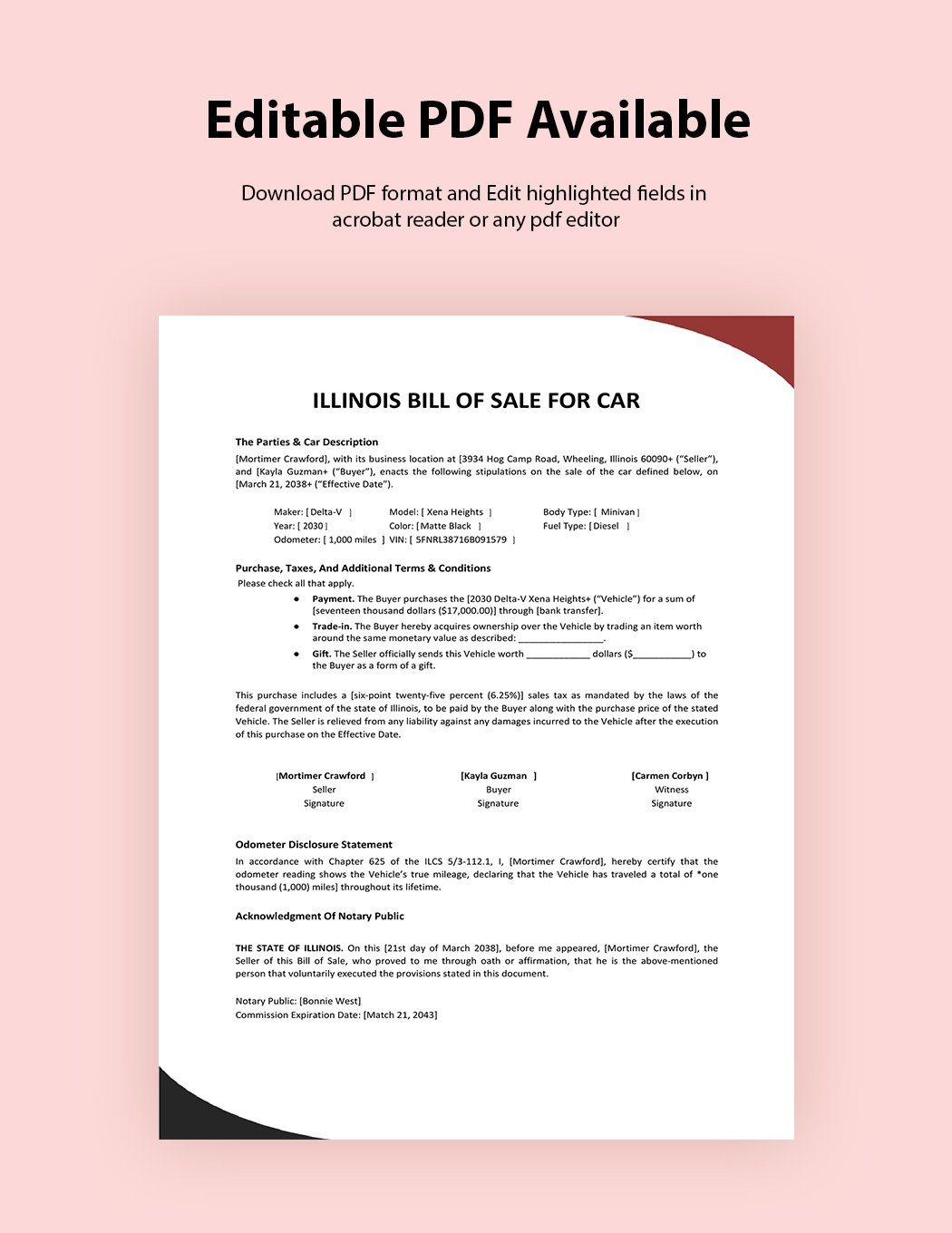 Illinois Bill of Sale For Car Template
