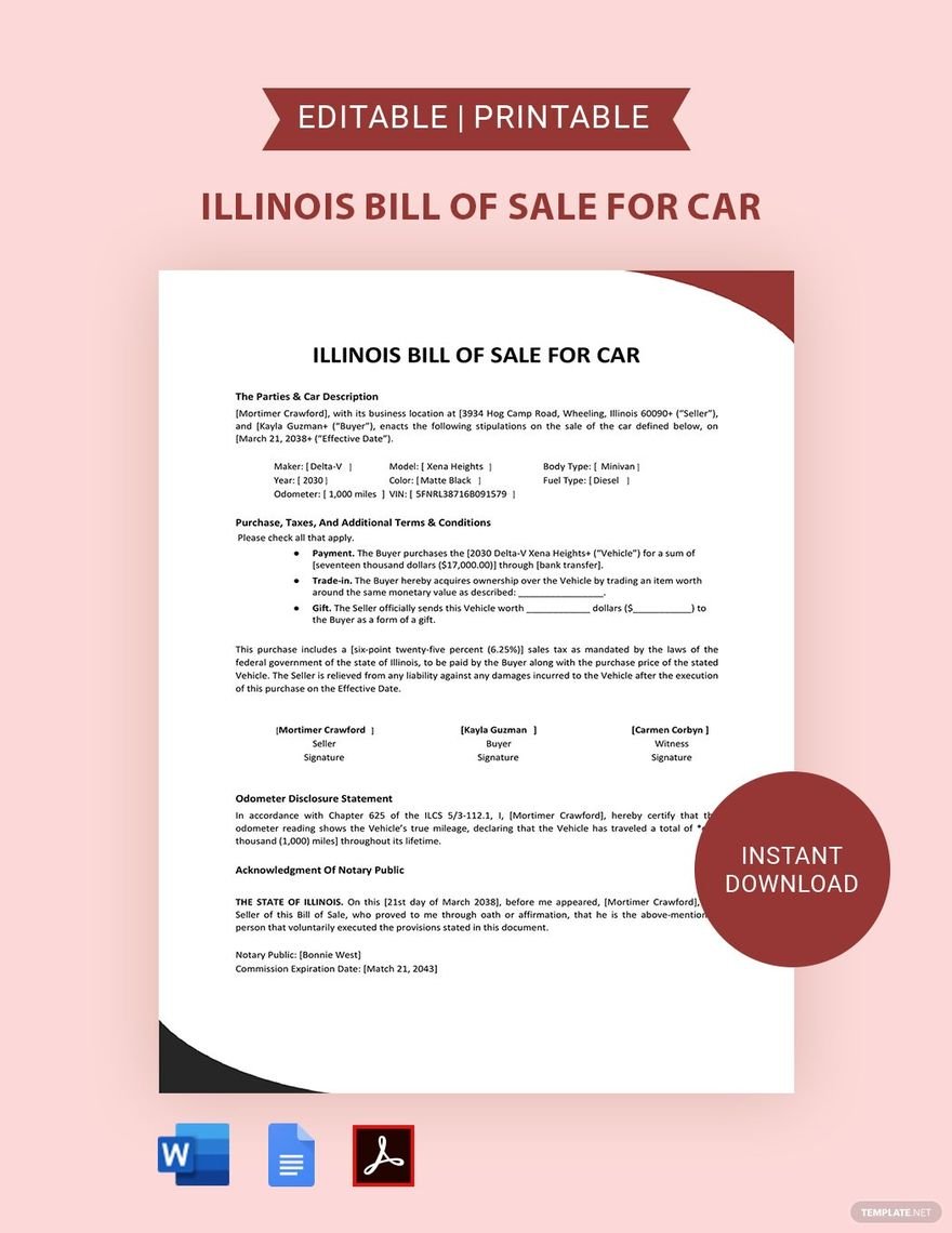 Illinois Bill of Sale For Car Template