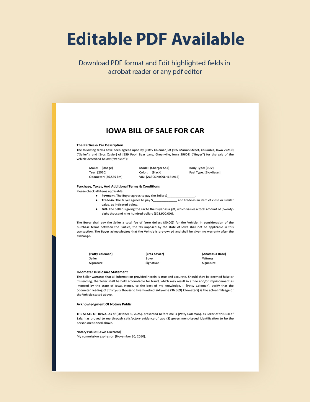 Free Iowa Bill of Sale For Car Form Template Download in Word, Google