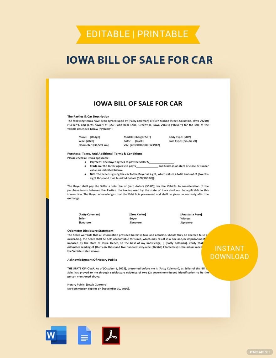Iowa Bill of Sale For Car Form Template