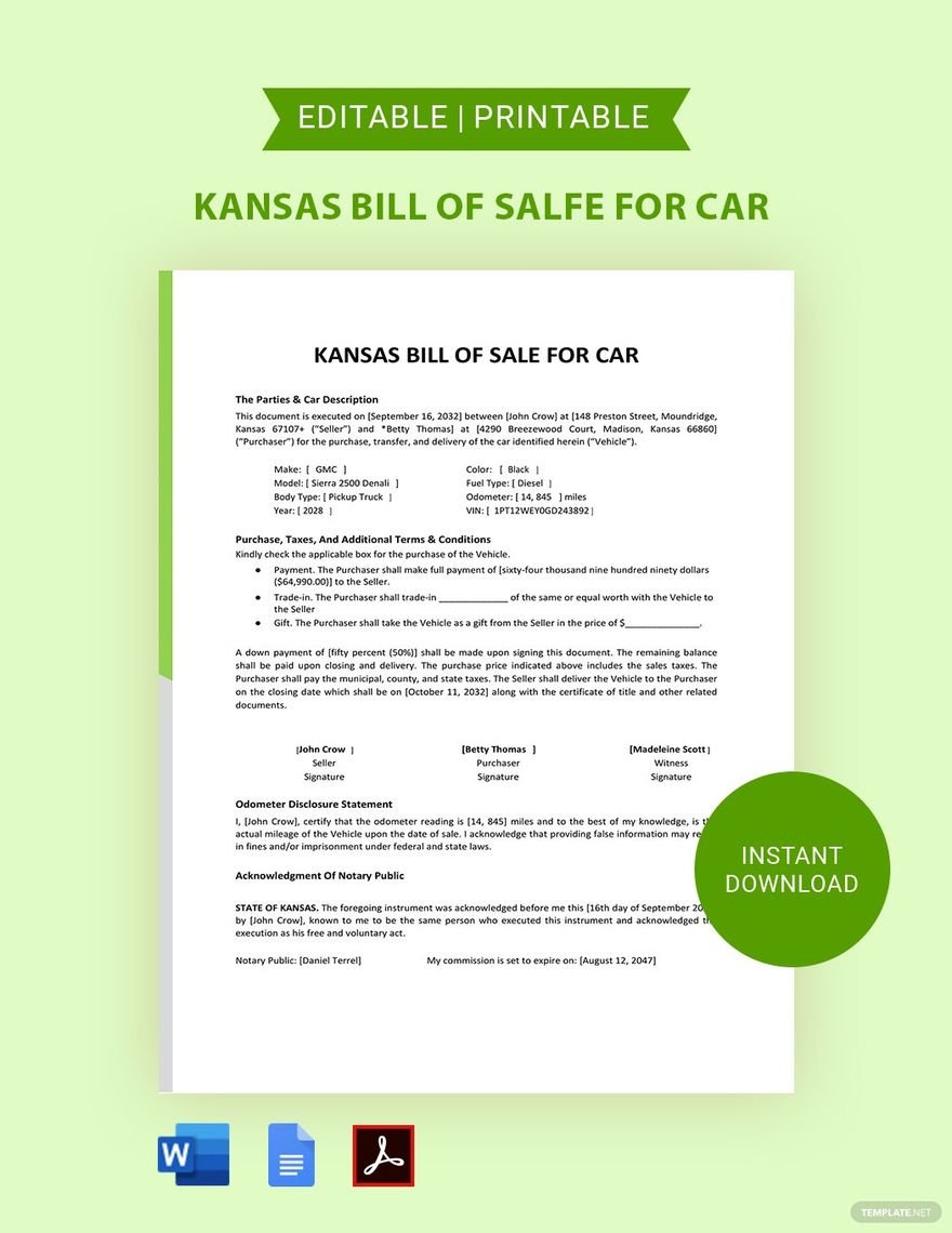 Kansas Bill of Sale For Car Template