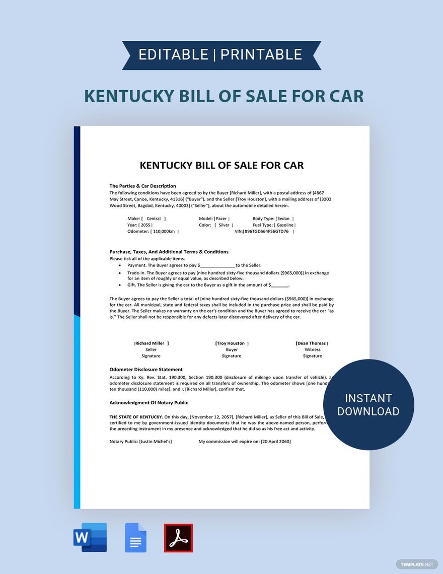 Kentucky Bill of Sale For Car Template