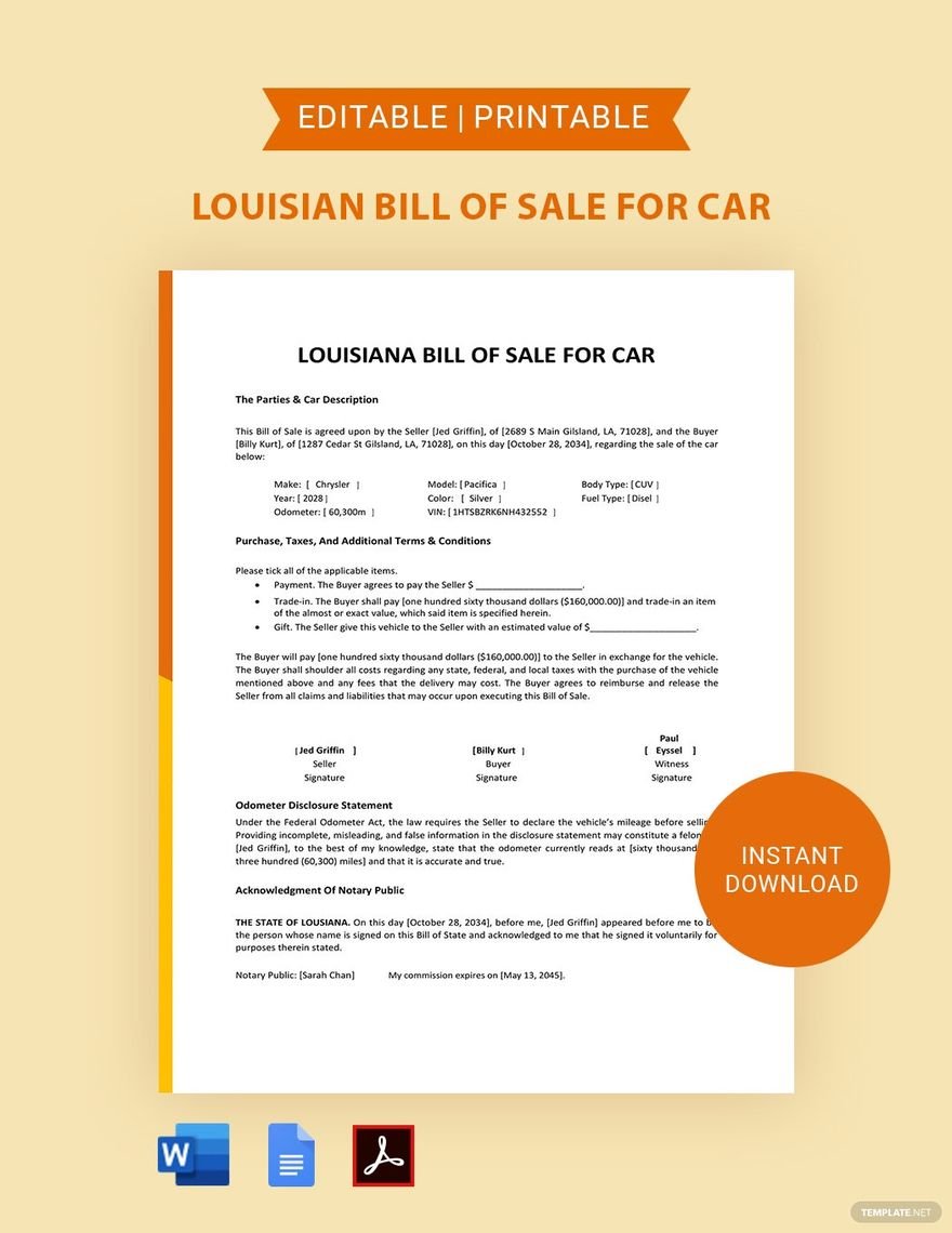 Louisiana Bill of Sale For Car Form Template