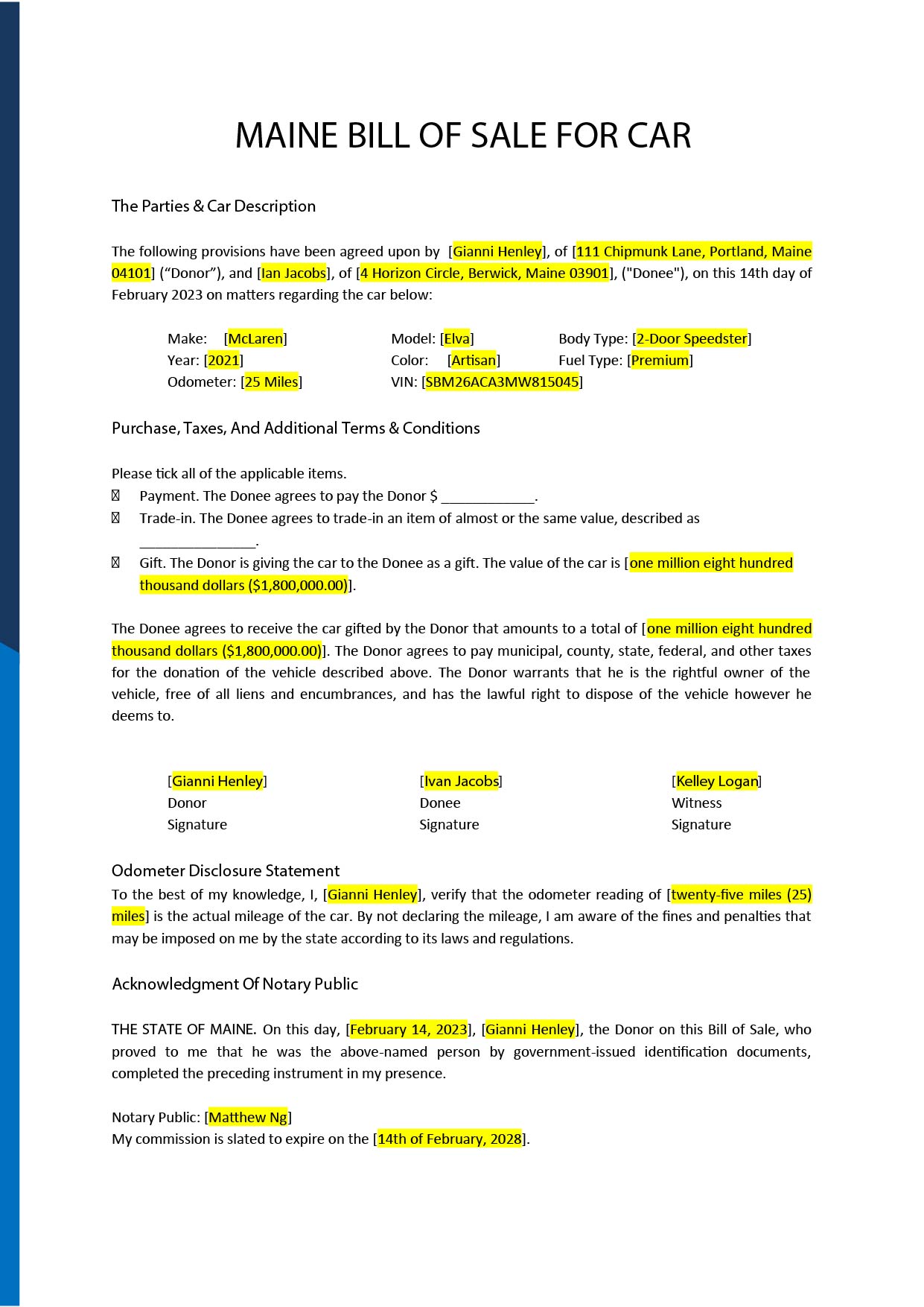 Maine Truck Bill of Sale Template Google Docs, Word, PDF