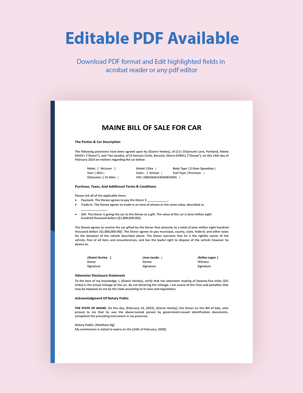 Maine Bill of Sale For Car Template
