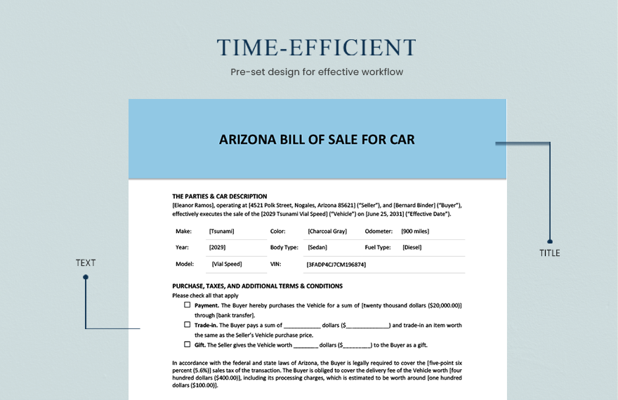 Arizona Bill of Sale for Car Template