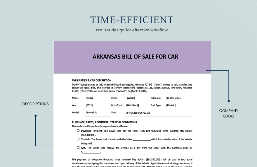 Arkansas Bill of Sale for Car Template