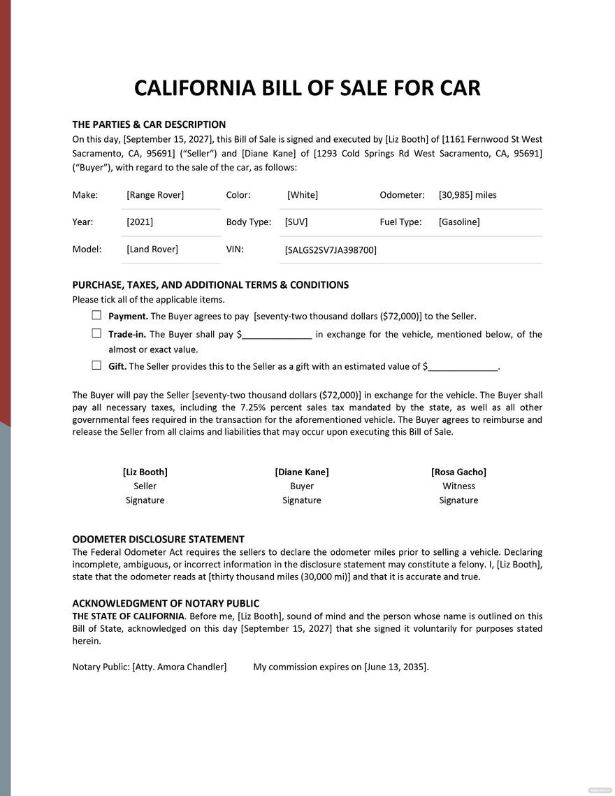 California Bill of Sale for Car Template
