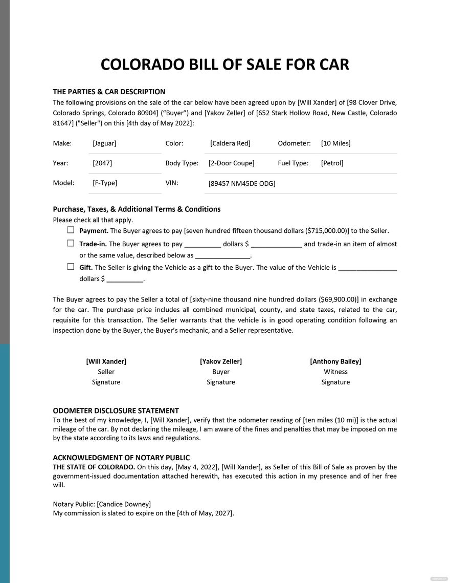 Colorado Bill Of Sale For Car Template Download In Word Google Docs 