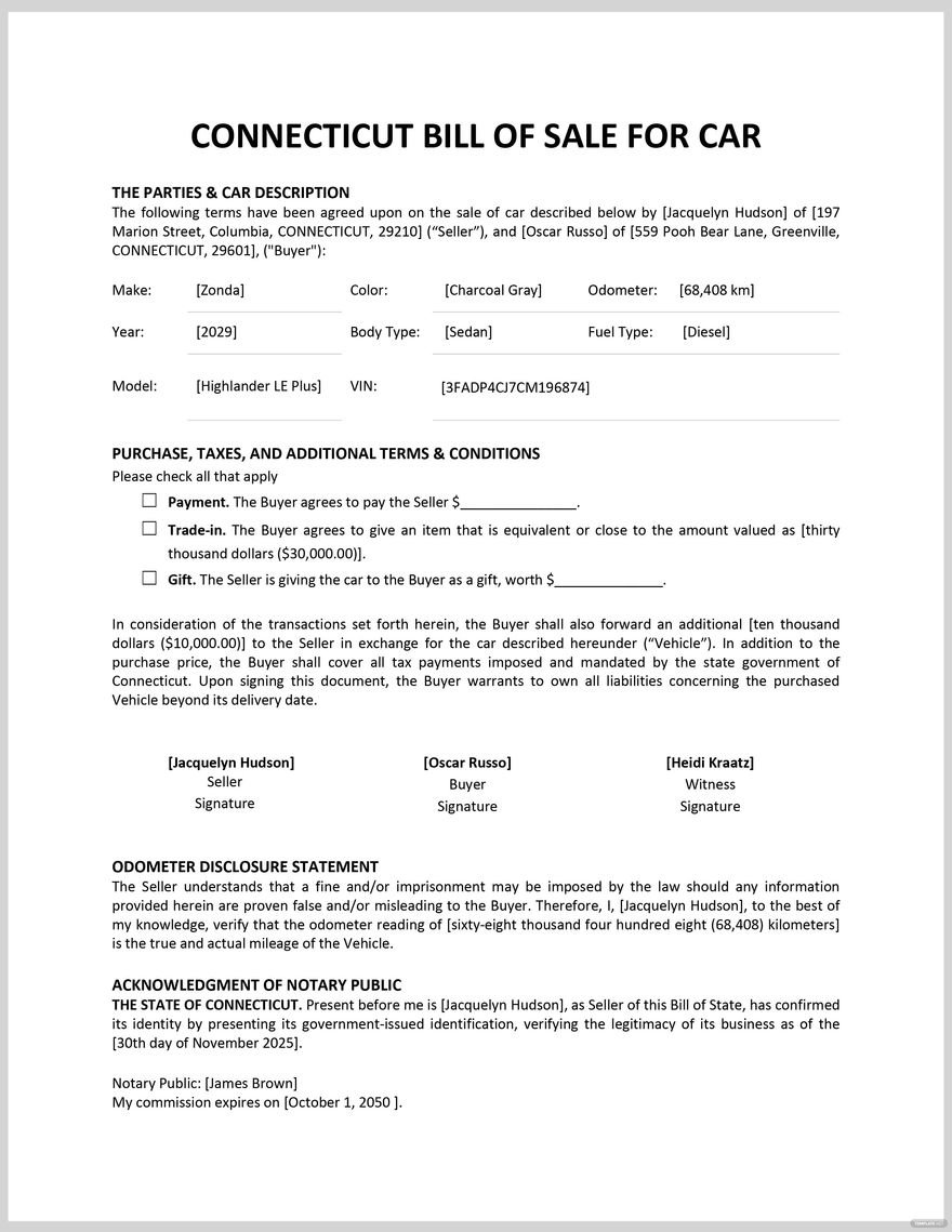 Connecticut Bill of Sale for Car Template