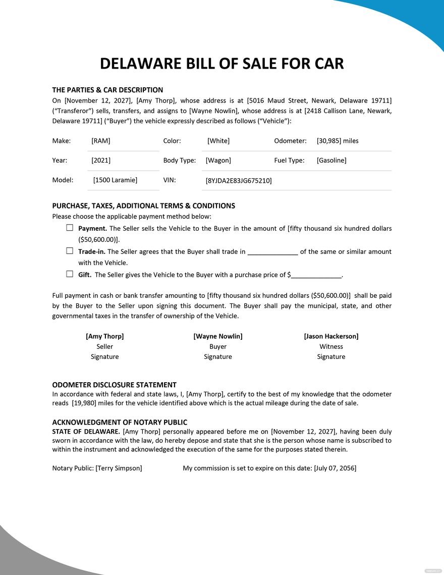 Delaware Bill of Sale for Car Template in Word, Google Docs, PDF