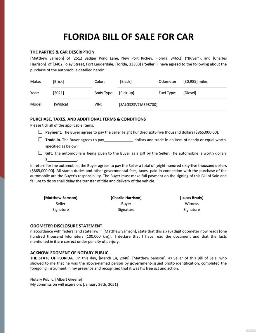 florida bill of sale for car template google docs word pdf template net
